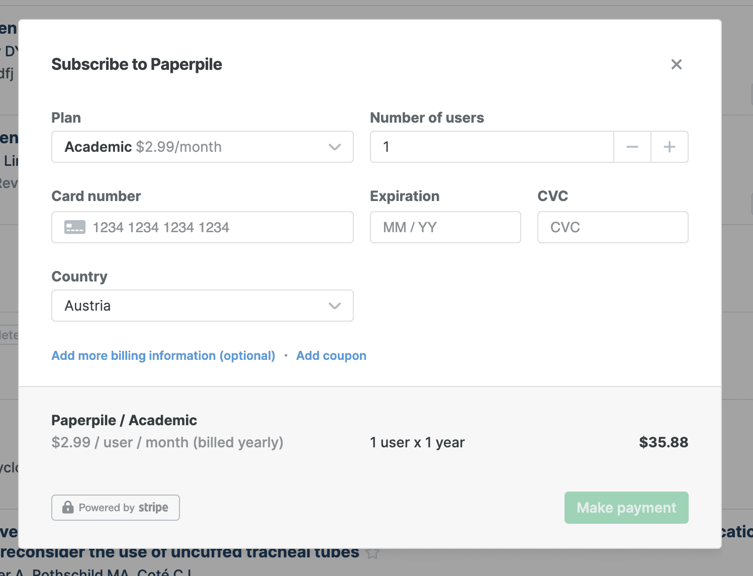 The “Subscribe to Paperpile” dialog with Plan set to Academic at $2.99 a month, one user, empty card number, expiration and CVC fields, Country set to Austria, and a $35.88 yearly summary.